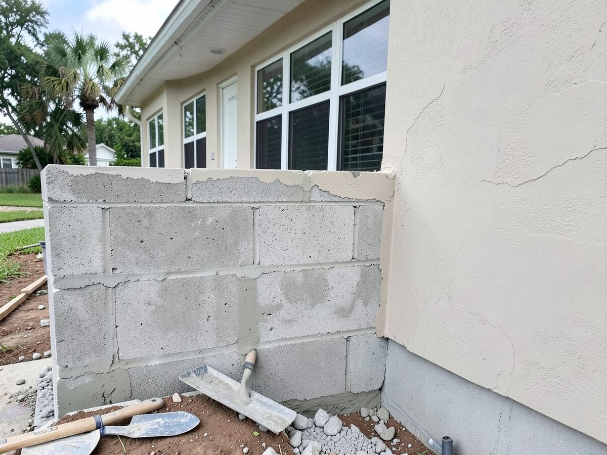 Reparación de estuco y bloque en el exterior de una casa